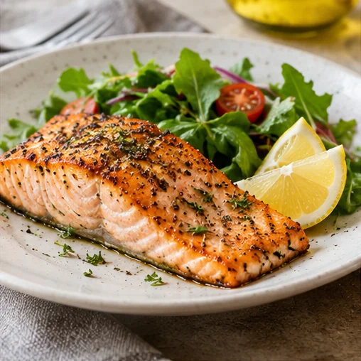 A piece of cooked salmon served beside salad greens and lemon